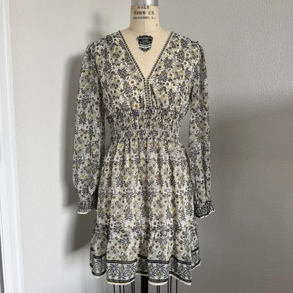 Max Studio | NWOT BOHO Style Long Sleeve Smocked Waist Fit & Flare Dress Size XS - Picture 1 of 9